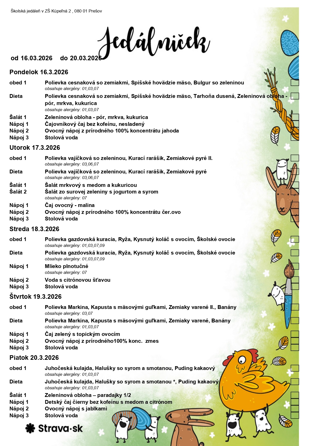 Jedálny lístok 16.marec - 20.marec 2026 - Obrázok 1
