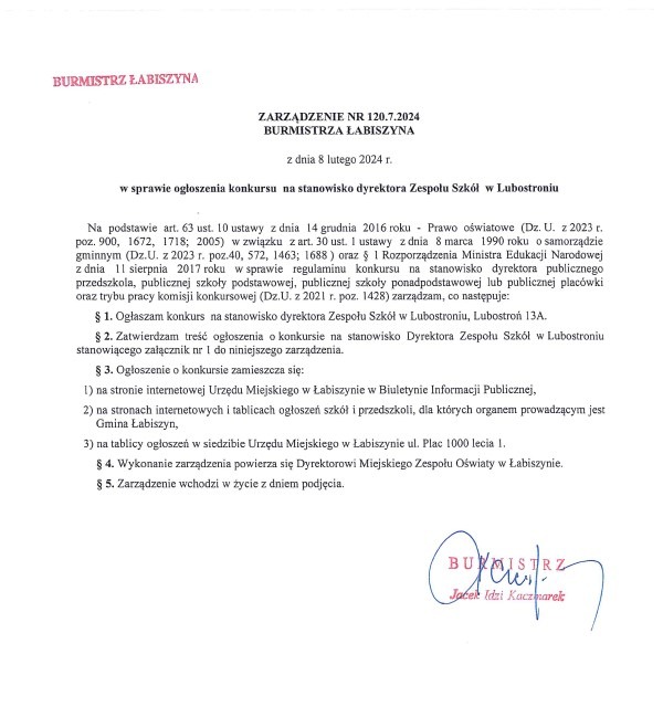 Ogłoszenie o konkursie na stanowisko dyrektora szkoły w Zespole Szkół w Lubostroniu - Obrazek 1