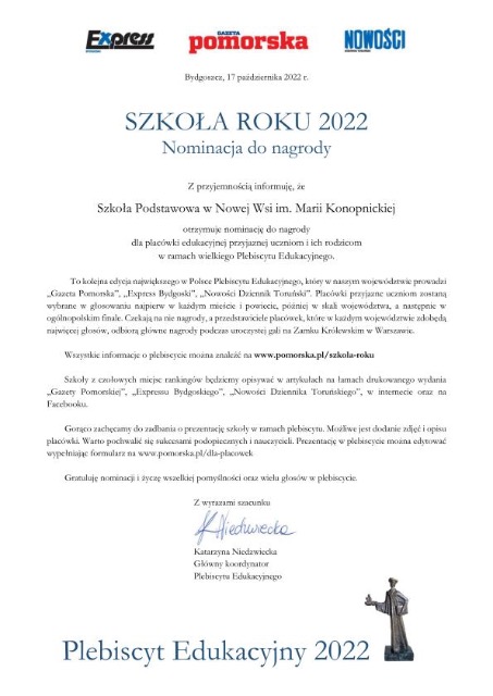 Nominacja do nagrody SZKOŁA ROKU, NAUCZYCIEL ROKU - Obrazek 1