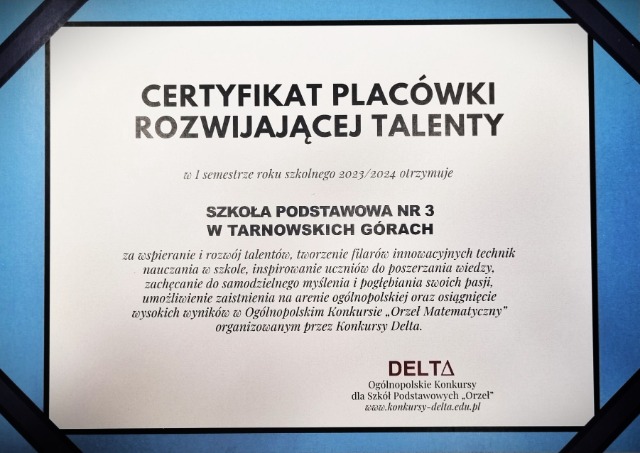 Certyfikat Placówki Rozwijającej Talenty dla naszej szkoły - Obrazek 1