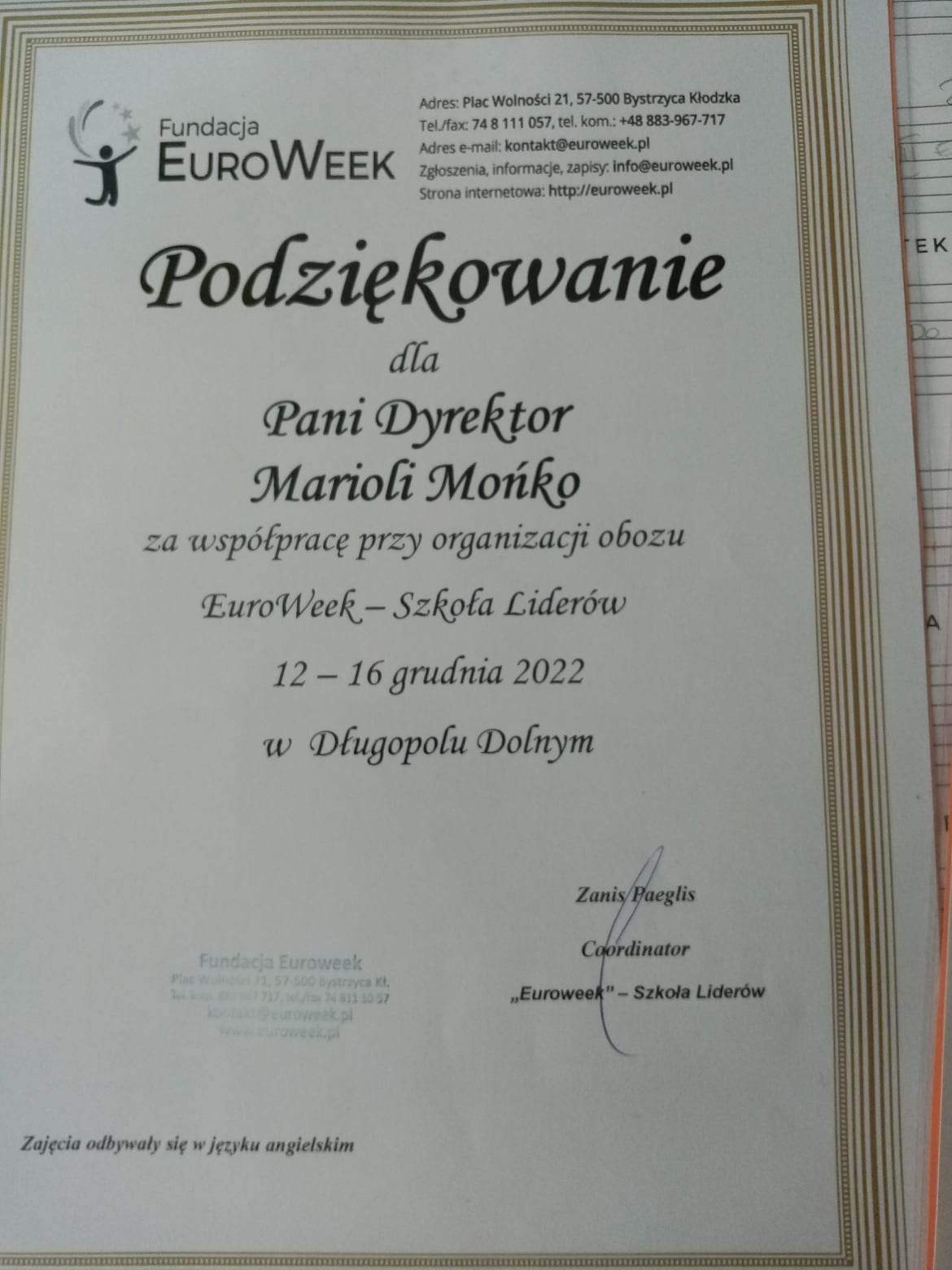 Dyplom podziękowanie  dla p. Marioli Mońko za udział uczniów SP 3 w projekcje EuroWeek