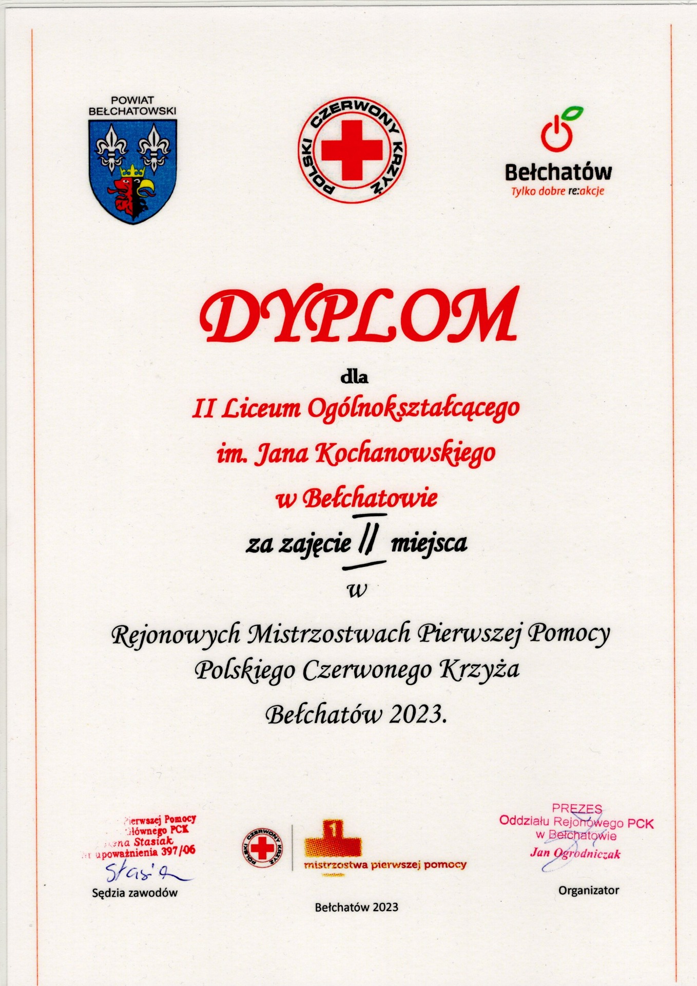Dyplom za zajęcie II miejsca w Rejonowych Mistrzostwach Pierwszej Pomocy Polskiego Czerwonego Krzyża