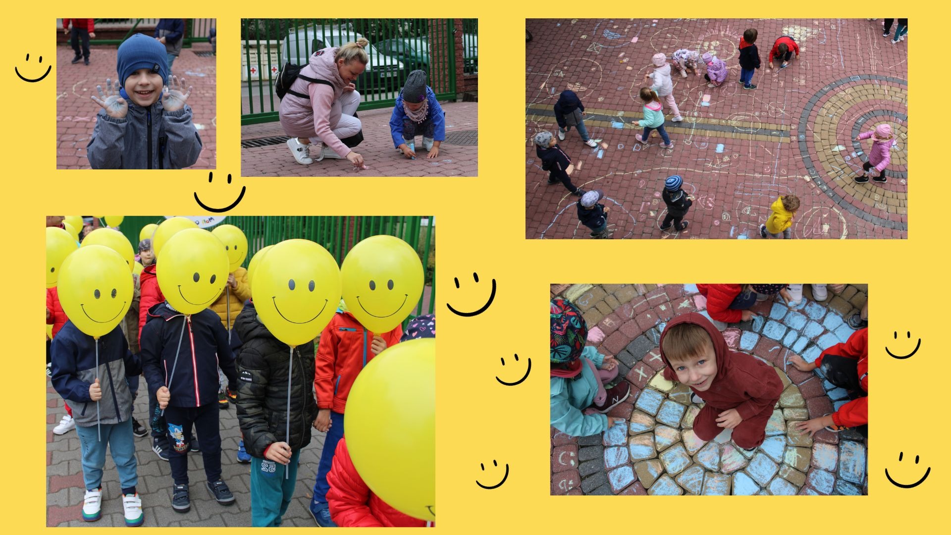 Zdjęcie przedstawia dzieci  świętujące Dzień Uśmiechu. Przedszkolaki wzięły udział w wesołej paradzie niosąc żółte balony z namalowanymi kolorowymi buźkami oraz ozdabiały przedszkolny placyk kolorowymi malunkami. 