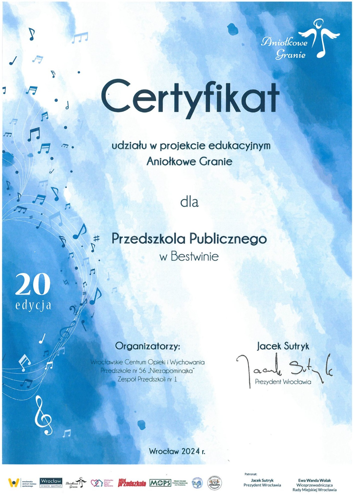 Certyfikat za udział w akcji Aniołkowe Granie dla przedszkola