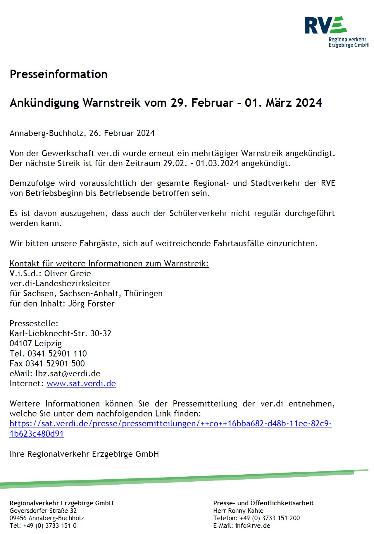 Pressemitteilung der RVE - Ankündigung Warnstreik (29.2. - 01.03.2024) - Bild 1