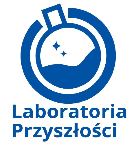 Symbol chemicznej retorty i napis: Laboratoria przyszłości. Gragika jako link do informacji o projekcie.
