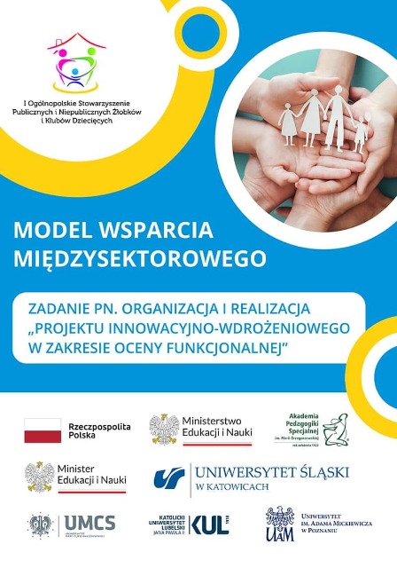 Niebiesko, żółto, biały plakat z informacją dotyczącą Modelu wsparcia międzysektorowego