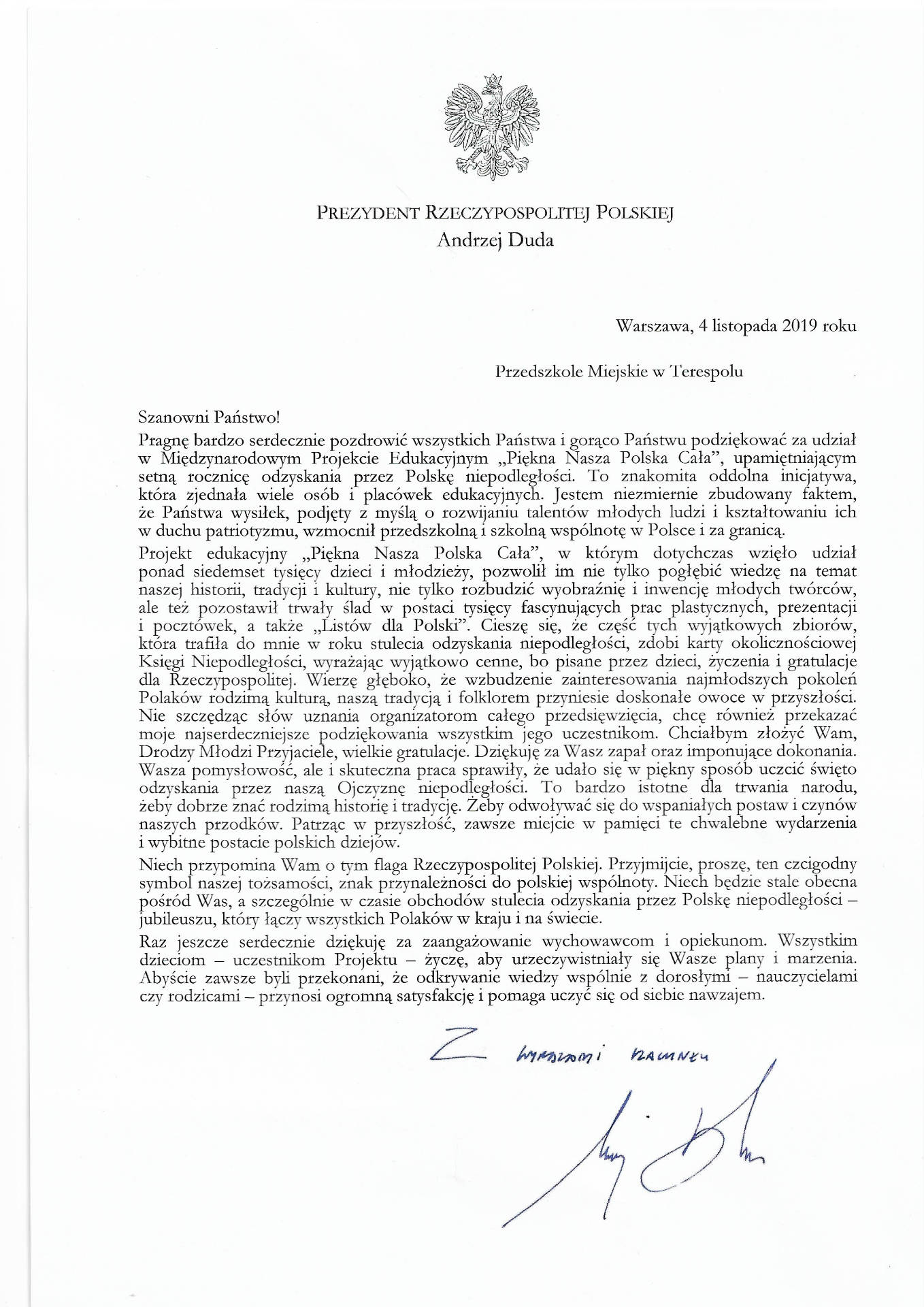 List od Prezydenta RP  - Obrazek 1