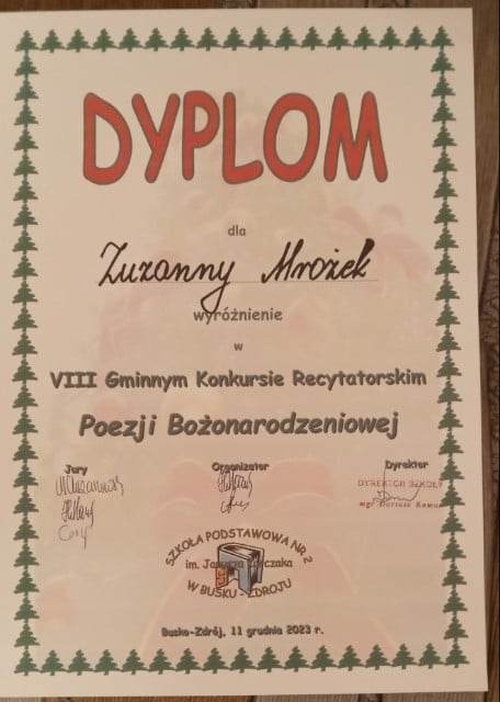 Dyplom dla Zuzi - Międzyszkolny Konkurs Poezji Bożonarodzeniowej  