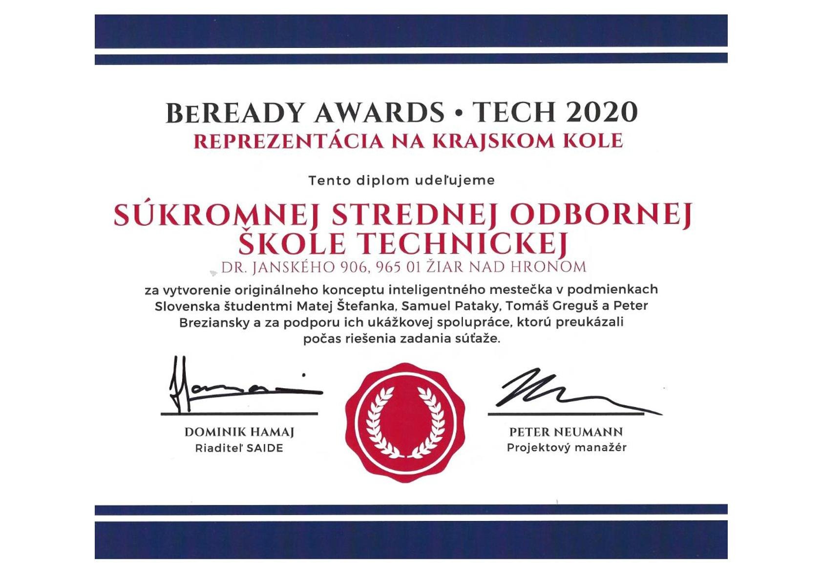 Študenti odboru Technické lýceum úspešní v súťaži BeREADY AWARDS • TECH 2020  - Obrázok 1