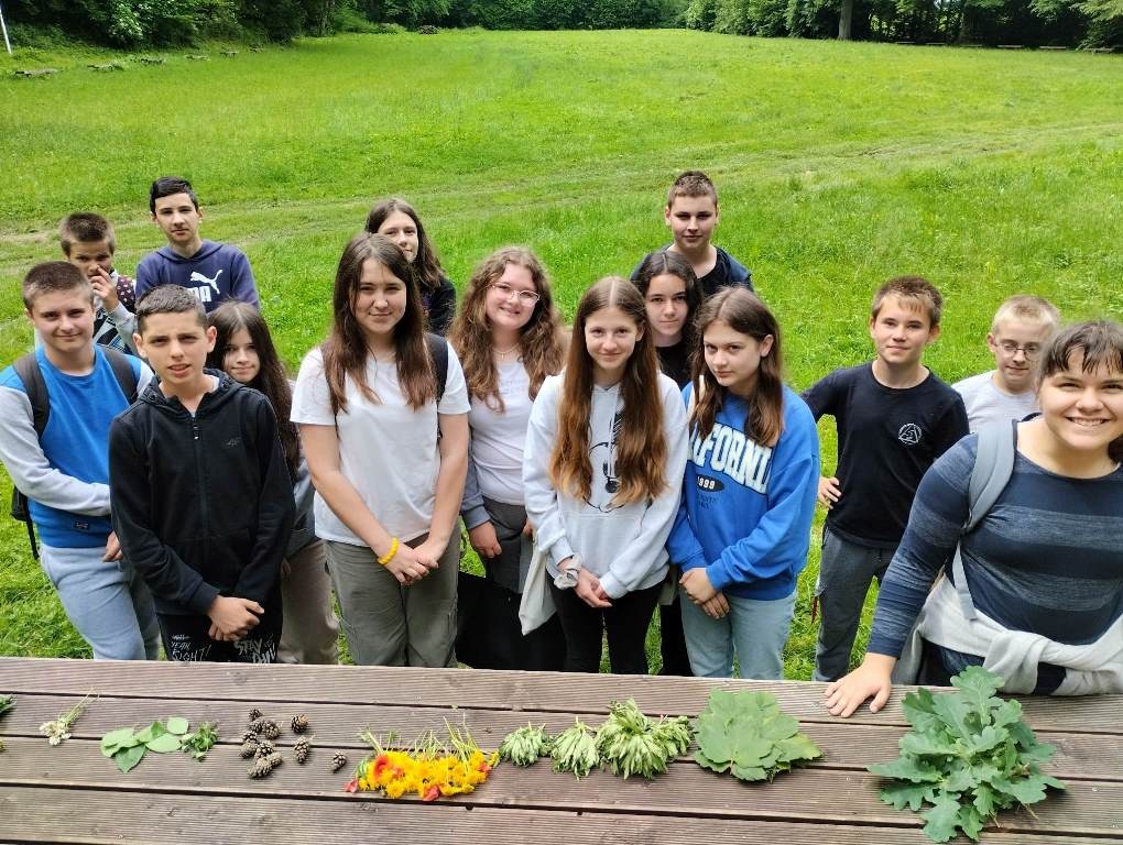 Na zdjęciu piętnastu uczniów klasy siódmej stoi przed drewnianą sceną, na której ułożone są zebrane kwiaty, liście, szyszki i patyczki.