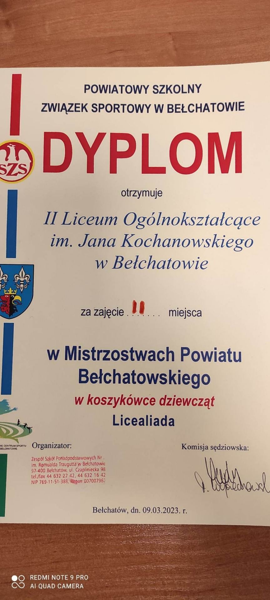 Dyplom za zajęcie II miejsca w Mistrzostwach Powiatu Bełchatowskiego w koszykówce dziewcząt
